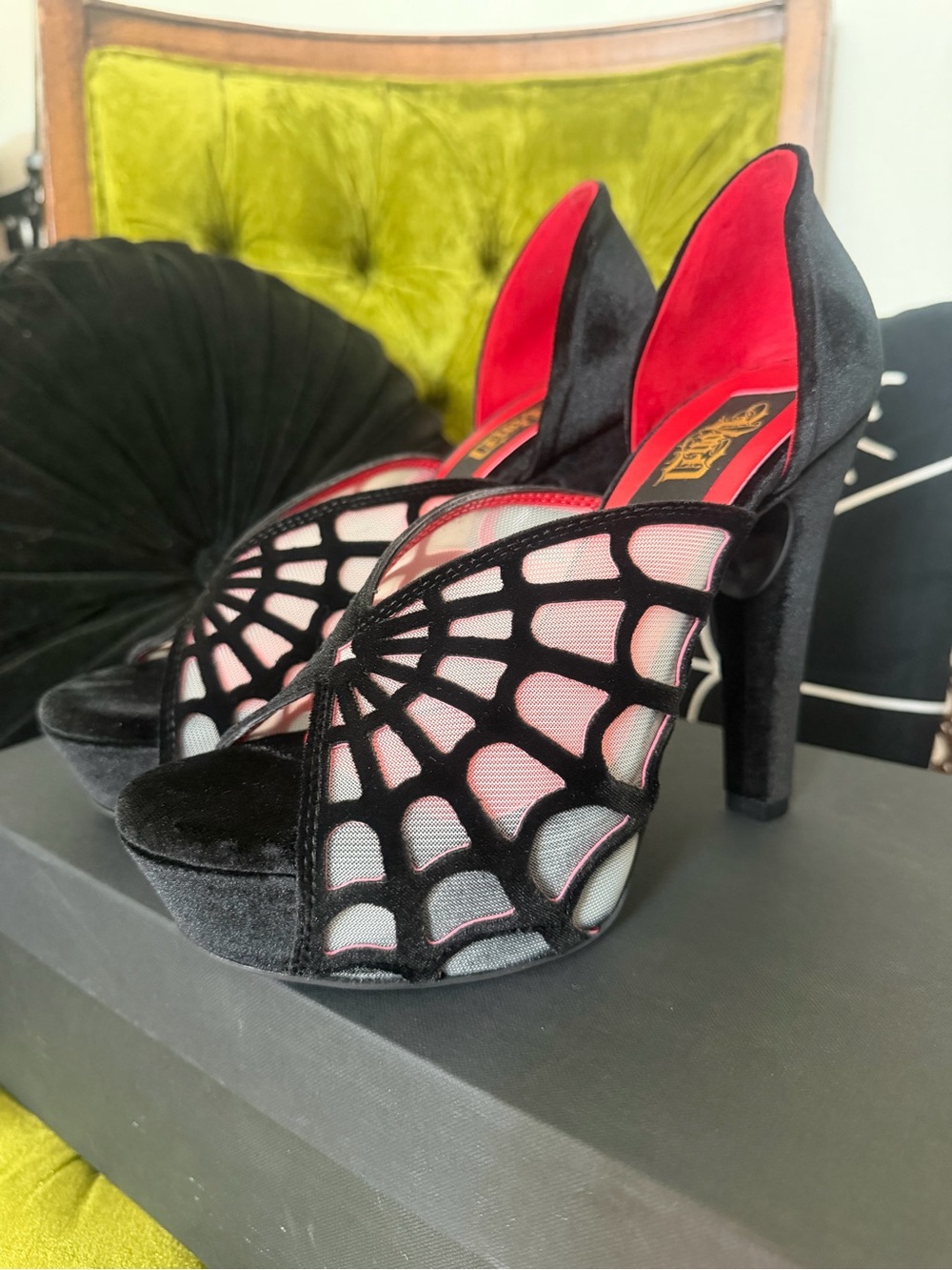 Kat Von D Adele Black Velvet Spiderweb Platform Heels